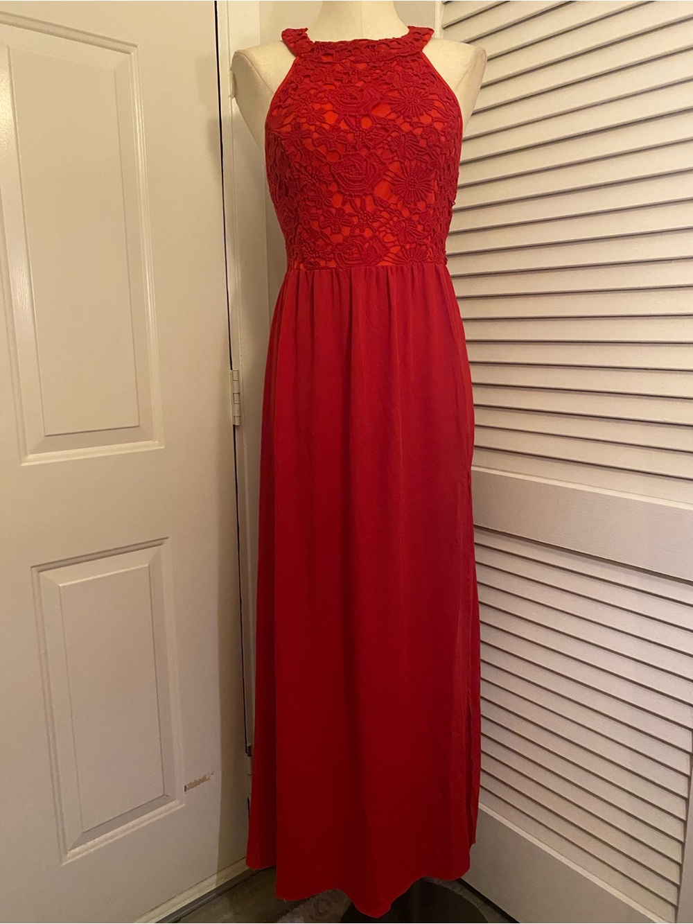 SHEIN Red Lace Halter Maxi Dress- Size Large